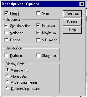 Options, you can choose a number of statistics. By clicking on the box next to the option, SPSS can perform many different functions.