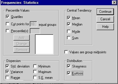 Kinds of descriptive statistics that SPSS provides Measures of Central Tendency Central tendency measures give an estimate of how a group did as a whole Mean: the average value of the distribution