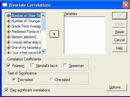 The Bivariate Correlations dialog box will appear: Select one of the variables that you want to correlate by clicking on it in the left hand pane of the