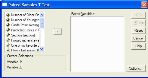 The Paired-Samples t Test dialog box will appear: You must select a pair of variables that represent the two conditions.
