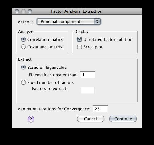Figure 2: Dialog window Factor Analysis: Extraction In the box Analyze we can set, whether the analysis will be performed on original (nonstandardized) (Covariance matrix) or standardized data