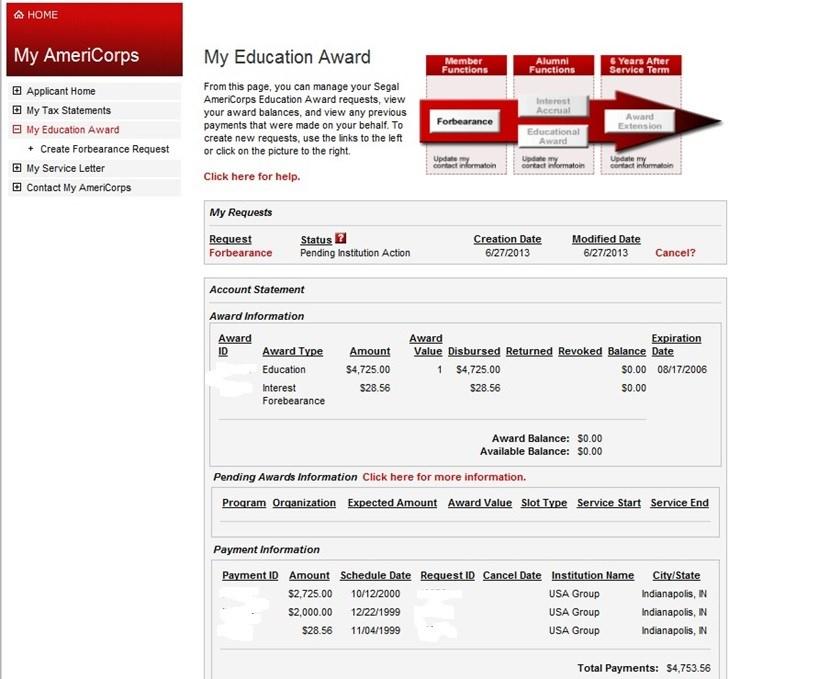 Clicking on My Education Award returns us to this screen. This is an example of a page where a member has already used their education award.