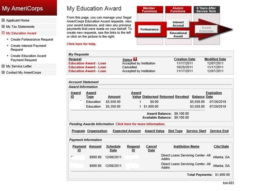 This page shows a member with an active Education Award. Under My Requests you can see the status of all requests made.