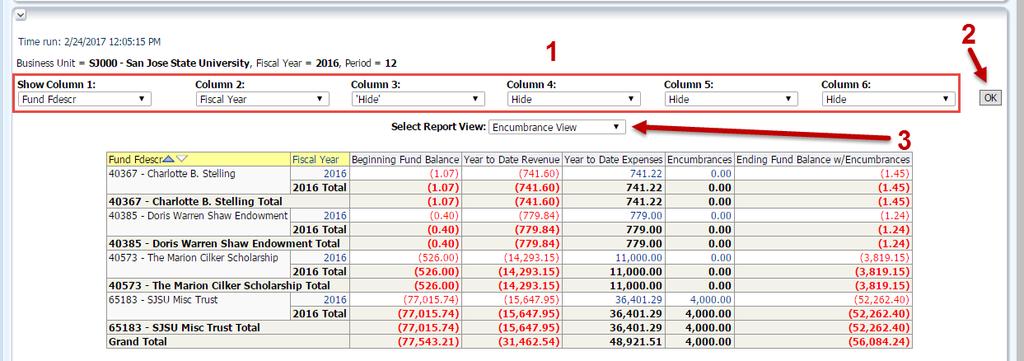 b. Organize Columns Results display at bottom of page after clicking the Apply Filters button. Select column header labels and Report View in the results section.