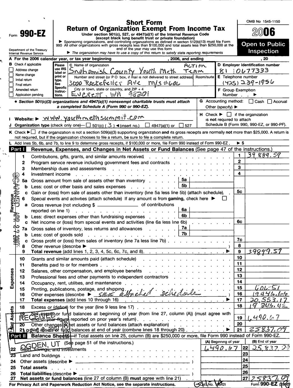 Form 990 -EZ Short Form Return of Organization Exempt From Income Tax Under section 501 (c), 527, or 4947(a)(1) of the Internal Revenue Code (except black lung benefit trust or private foundation)