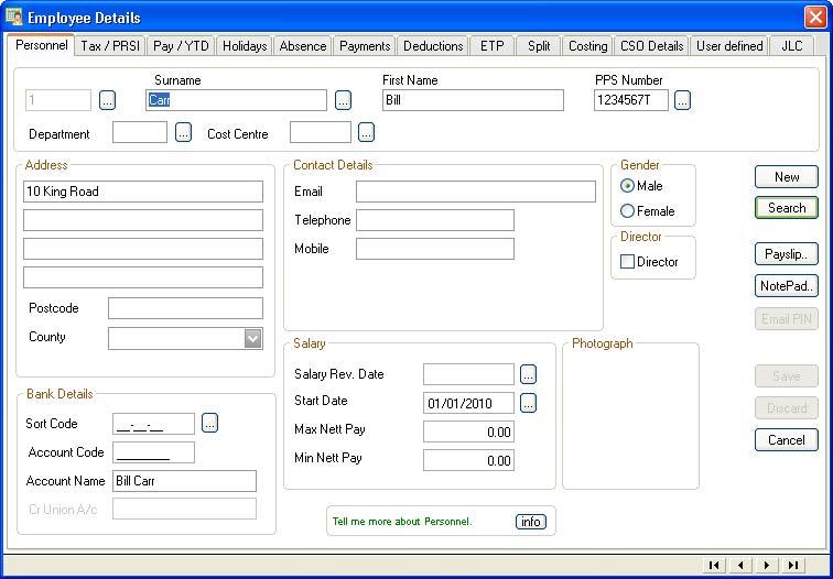 Step 2: Update Employee Records Ensure that information is complete for all employees who worked for the company during 2011. 1. Select the Processing - Employee Details menu option. 2. Check the tabs in each employee details record, making sure all relevant information has been entered.