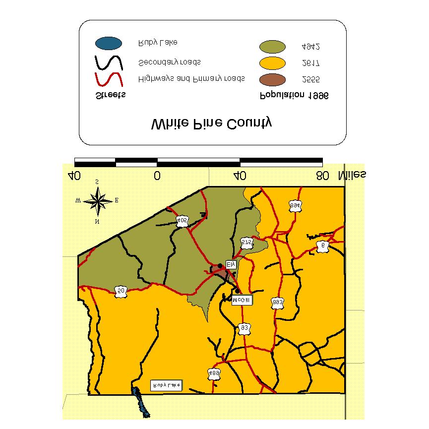 Map of White Pine County This map is compiled from ArcView Business Analyst and shows the 1996 population by census tracts, key highways and roads, and major water bodies.