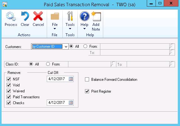 Receivables Management Period-End Closing Removing Paid Transactions Use the Paid Sales Transaction Removal window to transfer paid transactions to history and to consolidate balance forward accounts.
