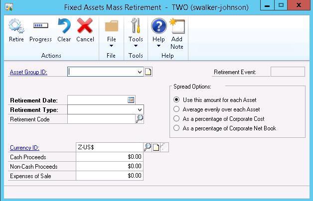 Fixed Assets Period End-Closing To Mass Retire Assets 1. Open the Fixed Assets Mass Retirement window. (Transactions >> Fixed Assets >> Mass Retire) 2. Select the Asset Group ID you wish to Retire. 3.