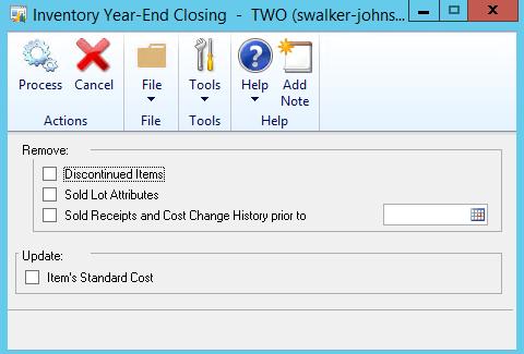 Inventory Year-End Closing Closing a Year To close a year: 1. Open the Inventory Year-end Closing window.