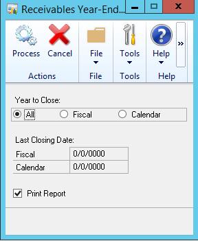 Receivables Management Year-End Closing Close the Fiscal Year Use the Receivables Year-End Closing window to close the fiscal year to update information that is displayed in the Customer Summary