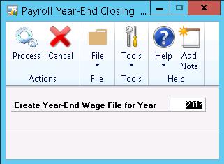 Payroll Year-End Closing Create the Year-End File Choose MDGP >>Tools > Routines >> Payroll >> Year-End Closing to open the Payroll Year-End Closing window.