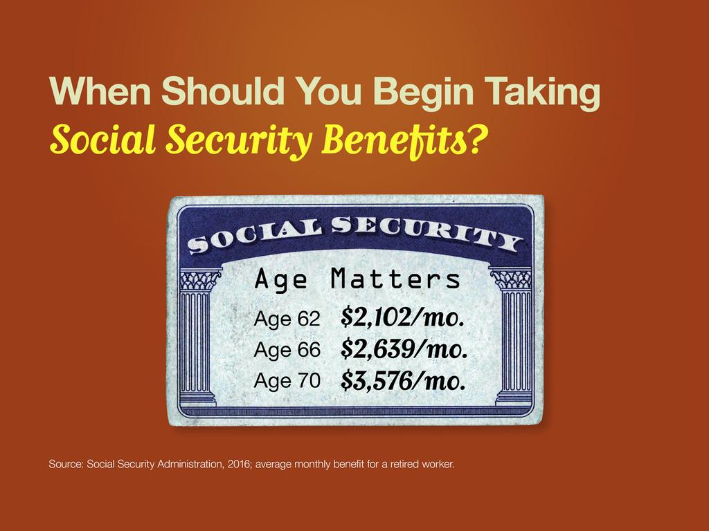 Slide 20 A final issue to consider is, when should you begin taking Social Security benefits? The Social Security administration allows you to start receiving benefits as soon as you reach age 62.
