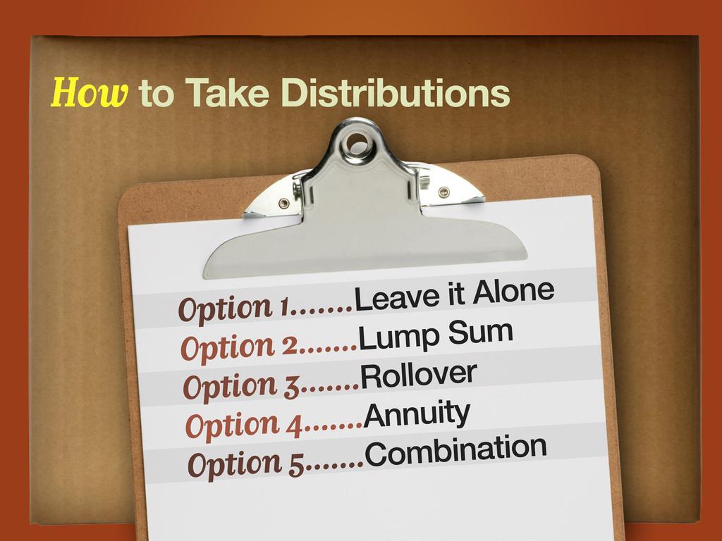 Slide 9 How will you withdraw the money you have so carefully accumulated? One option is to leave it alone. That may work for a period of time and your money may continue to accumulate tax deferred.