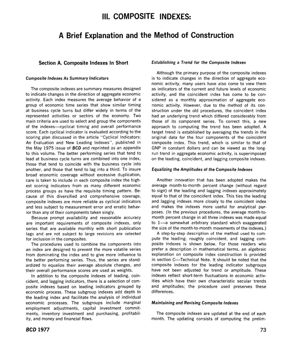III. COMPOSITE INDEXES: A Brief Explanation and the Method of Construction Section A.