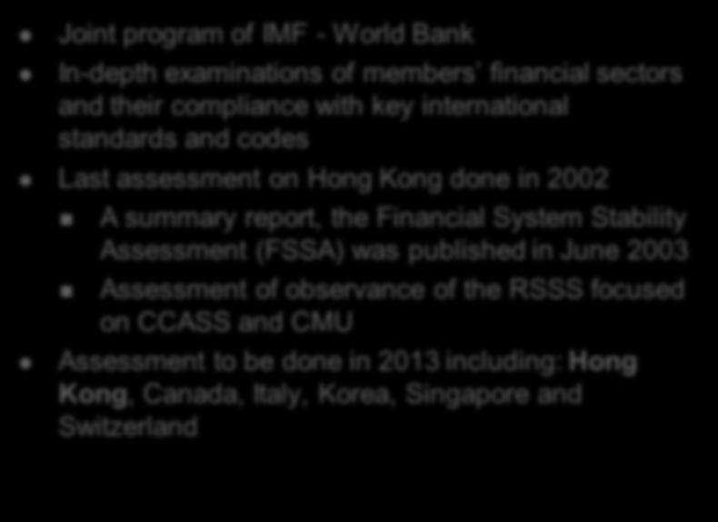 of IMF - World Bank In-depth examinations of members financial sectors and their compliance with key international standards and codes Last
