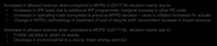 to MYPD 3 (2017/18) decision mainly due to: Increases in IPP costs due to additional IPP programmes; marginal increase in other PE costs Increases in operating costs (compared to previous MYPD