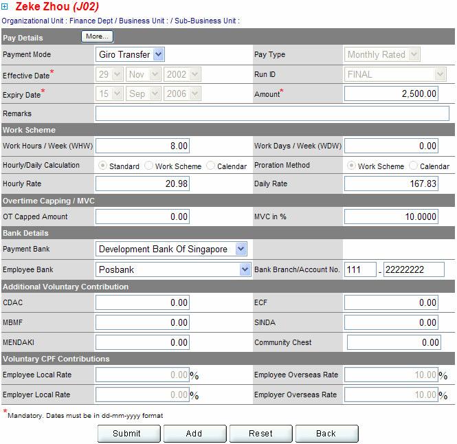 Employee Pay Setup Fig. 2-5 The Pay Setup page is mandatory for every employee especially for the FINAL run (or month-end run).
