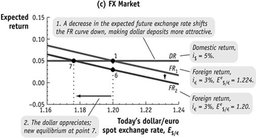Changes in Domestic and Foreign Returns and FX Market Equilibrium (c) Decrease in expected exchange rate E e $/ FR shifts downward. E $/ decreases (home currency appreciates).