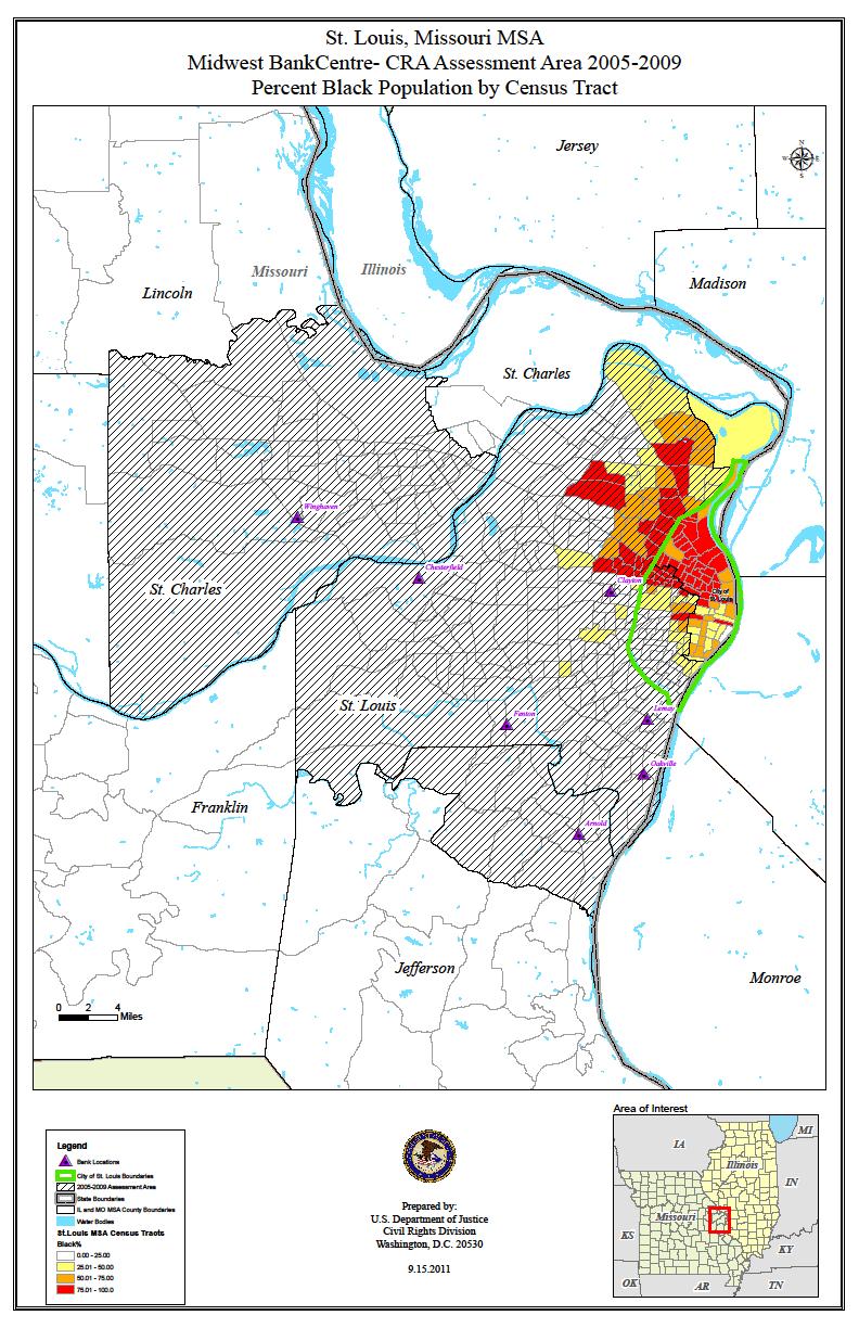 Map of Midwest BankCentre CRA Assessment Area (2005 2009) Areas in color