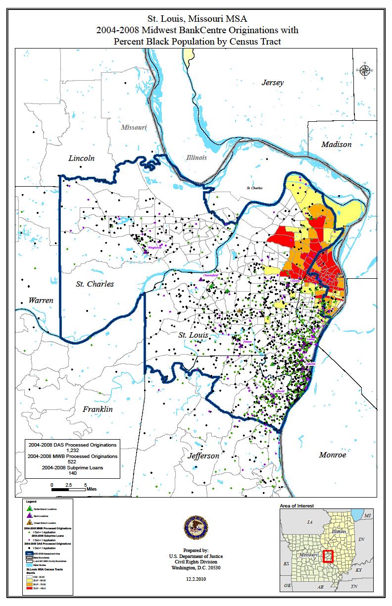 Map of Midwest BankCentre CRA Assessment Area