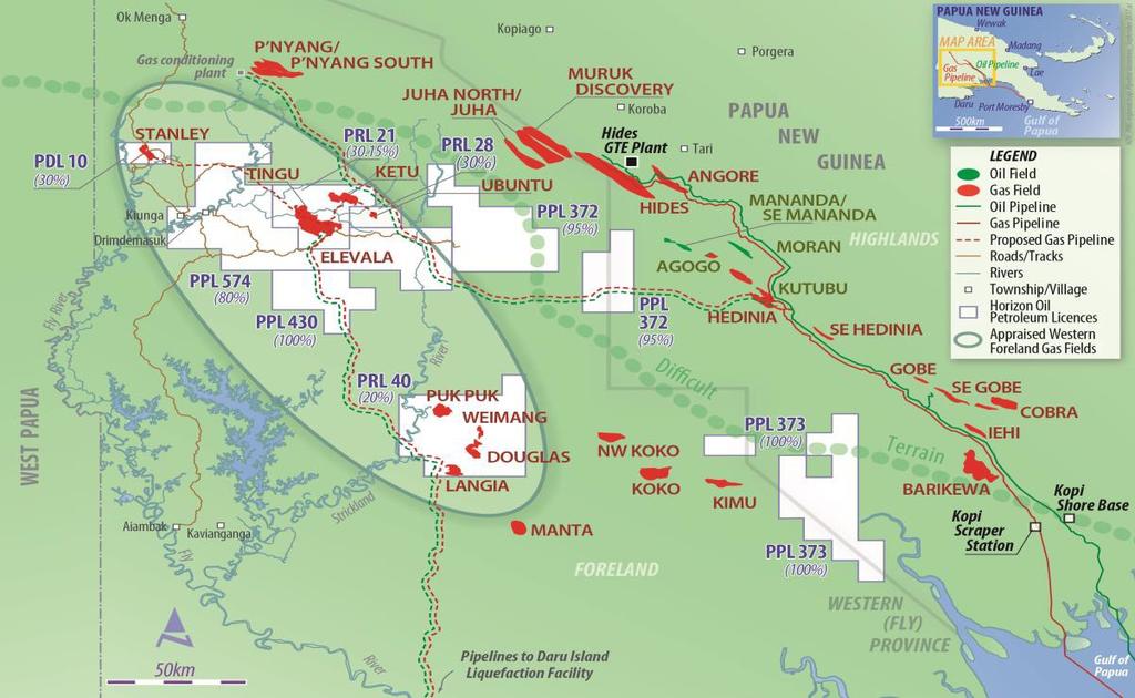 Western Forelands Region, PNG Strategic acreage position, located in the Western Forelands region of PNG Significant ~2.