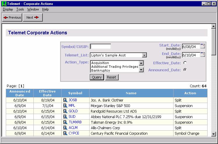Get Alerts on corporate actions with the Corporate Action alert column on a custom page (See TipSheet 19) ❷ Histories of Splits, Dividends. Select menu item Display / Research / Company History.