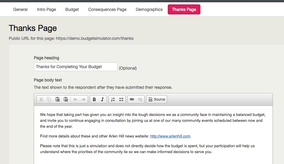 Thanks page When they ve submitted their budget, your respondents will see the thanks page.
