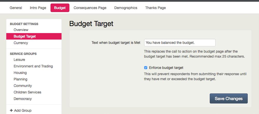 In the first box, enter the message that you would like to appear when a user has completed the challenge. e.g. You have balanced the budget. You then have the option to tick Enforce budget target.
