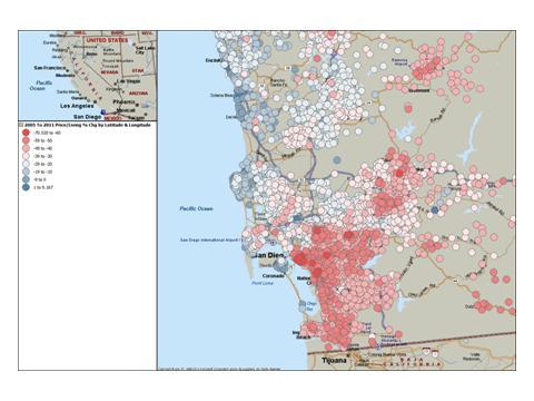 Red dots show greater price declines than blue dots in San Diego