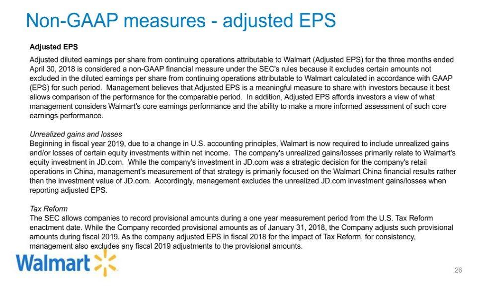 Non-GAAP measures - adjusted EPS Adjusted EPS Adjusted diluted earnings per share from continuing operations attributable to Walmart (Adjusted EPS) for the three months ended April 30, 2018 is