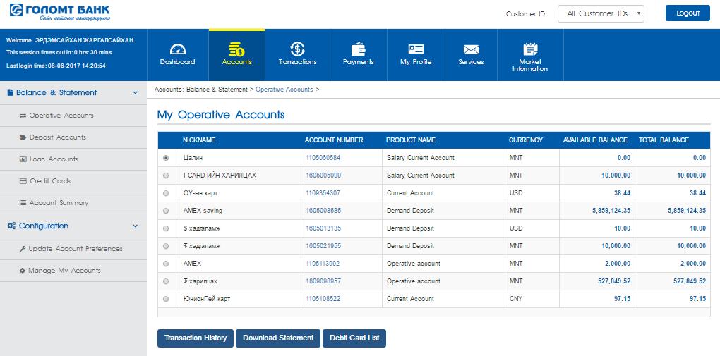 4.2 OPERATIVE ACCOUNTS - In this sub menu all your current account information will appear such as customer ID, account name, account number, account currency, and account balance.