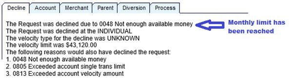 Declined at the Individual Level, Not Enough Available Money or Exceeded Single Purchase Limit Issue: The single transaction limit OR the monthly limit has been reached.