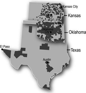 The following map reflects the areas in which we operate in Oklahoma, Kansas and Texas: Oklahoma Natural Gas, Kansas Gas Service and Texas Gas Service distribute natural gas as public utilities to