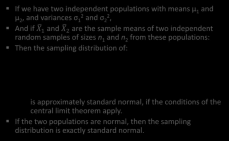 Sampling Distribution of a Difference in Sample Means If we have two independent populations with means μ 1 and μ 2, and variances σ 12 and σ 22, And if X 1 and X 2 are the sample means of two