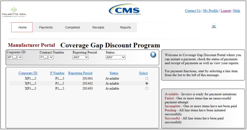 Features of the New CGDP Web Portal Home Screen Once logged in, filters can be set to make relevant reporting periods and Contracts / P#s available for