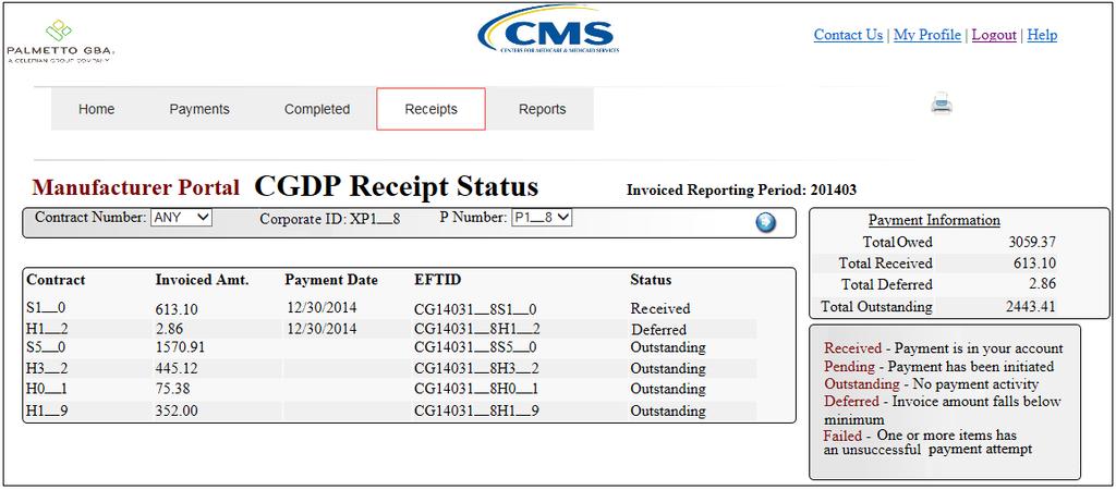 Features of the New CGDP Web Portal Receipts Screen View Status of payments owed to your company Includes any amounts which the