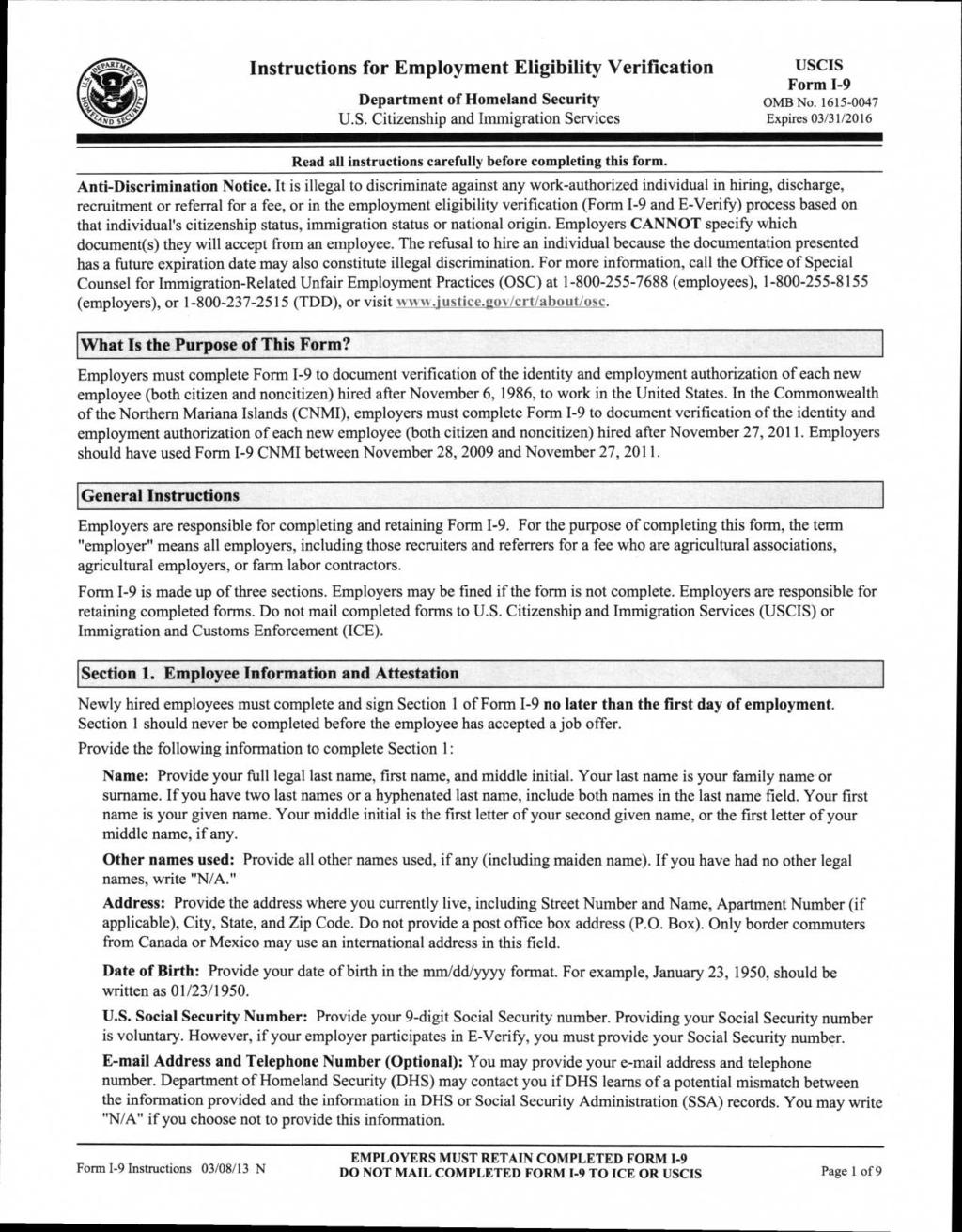 Instructions for Employment Eligibility Verification Department of Homeland Security U.S. Citizenship and Immigration Services USCIS Form 1-9 OMB No.