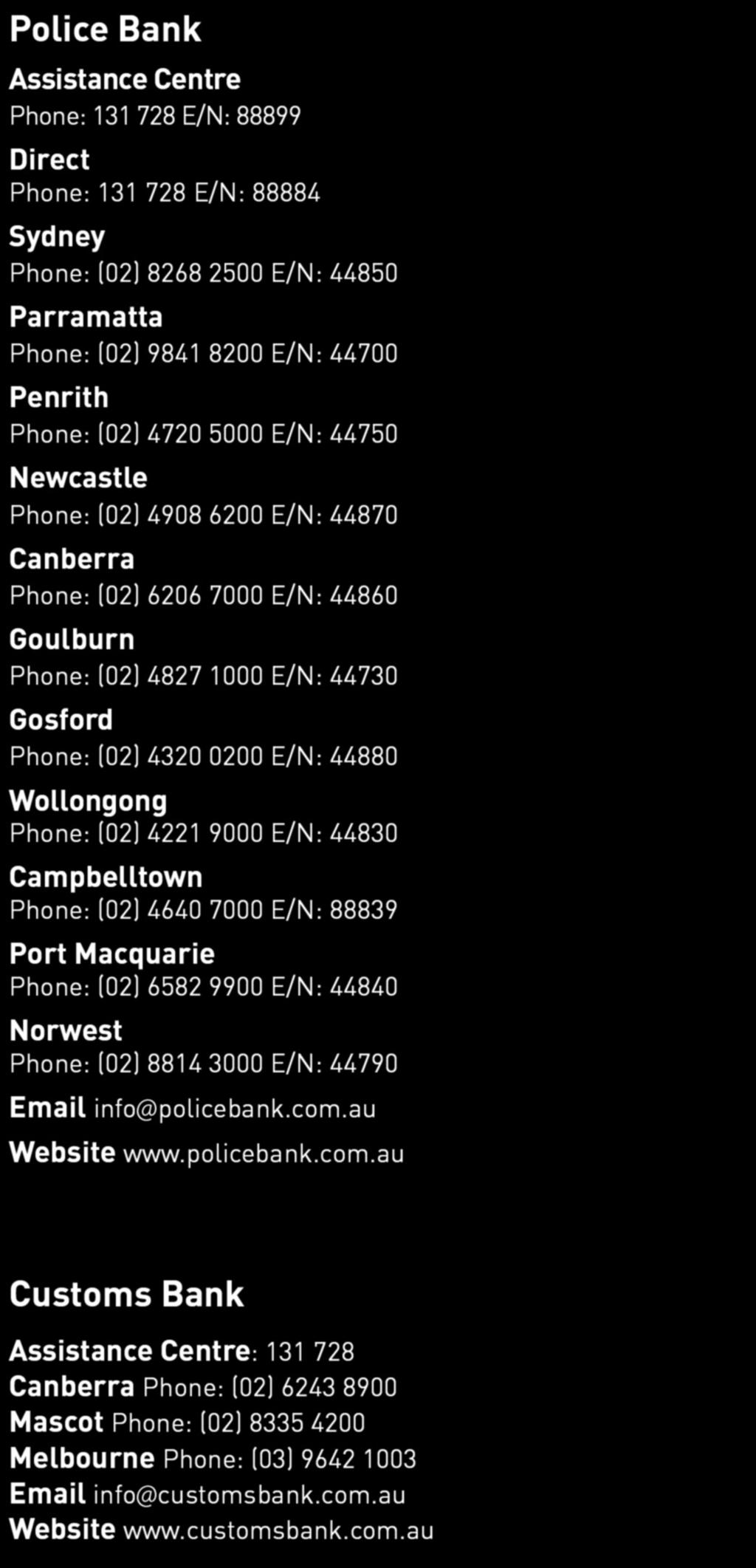 Wollongong Phone: (02) 4221 9000 E/N: 44830 Campbelltown Phone: (02) 4640 7000 E/N: 88839 Port Macquarie Phone: (02) 6582 9900 E/N: 44840 Norwest Phone: (02) 8814 3000 E/N: 44790 Email