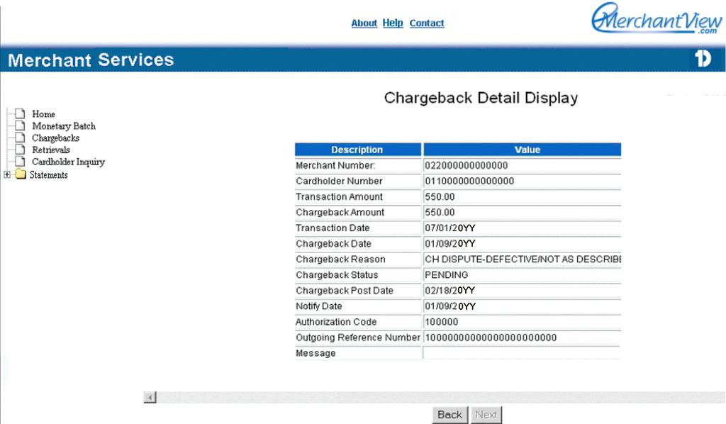 Chapter 5: Chargeback Summary 47 Chargeback Detail Display Screen The Chargeback Detail Display screen appears when you select an account identifier on the Chargeback Summary screen.