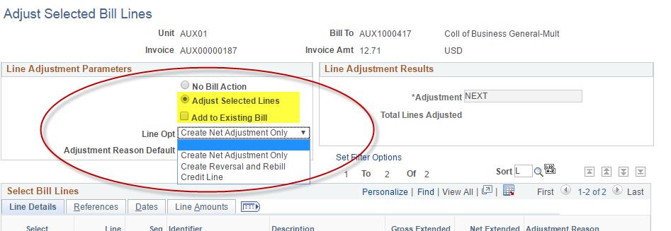 The adjustment reason will automatically populate for each selected line.