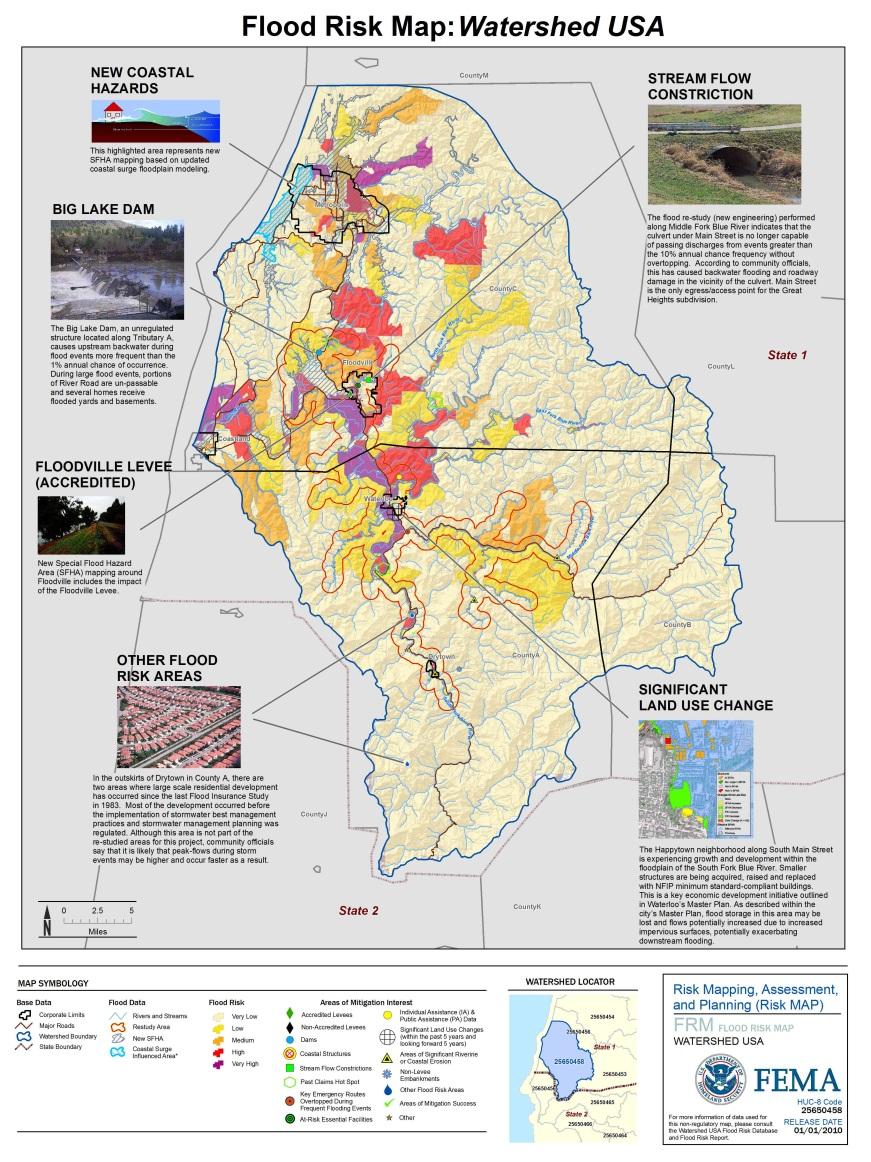 Flood Risk Map Watershed-based high-level flood risk overview. Contains results of Risk MAP project non-regulatory datasets. Identifies flood risk hot spots for community consideration.