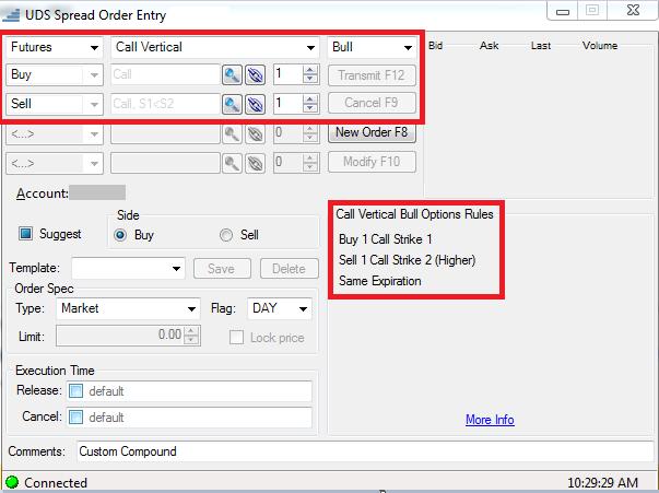 Select the option spread type to be placed After selecting the option spread type, appropriate fields will open on the on the order ticket where the legs of the option spread can be entered: When