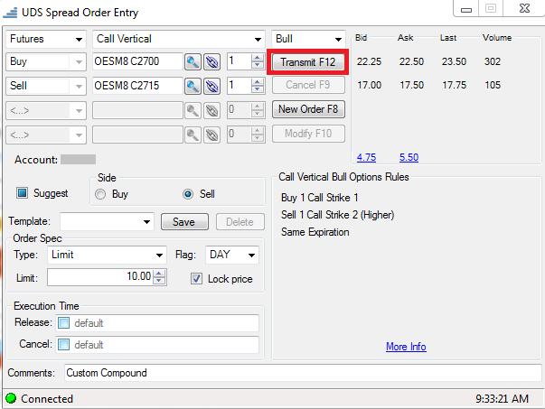 After the spread has been created, the order price entered, and Buy or Sell selected, the order can be submitted.