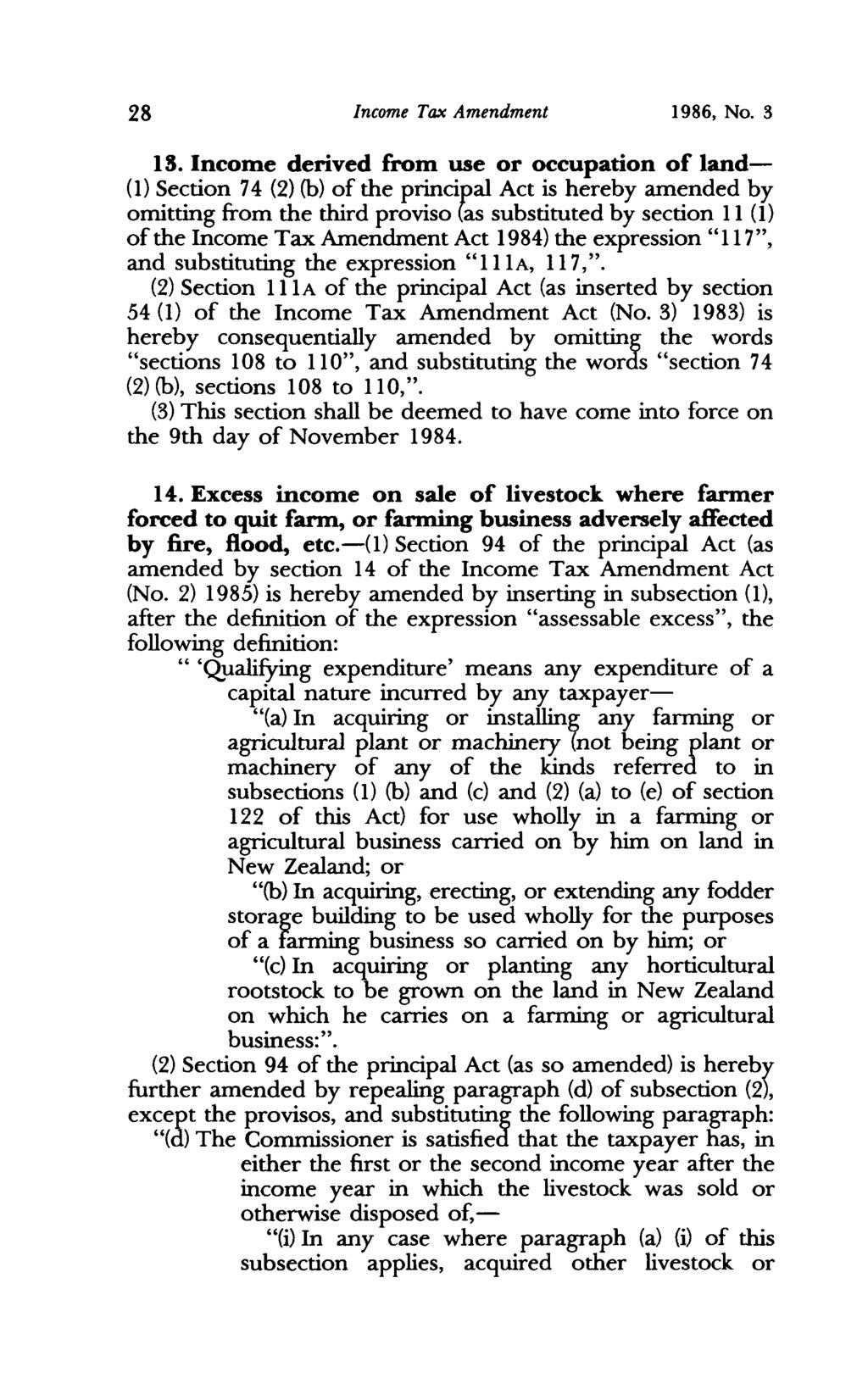 28 Income Tax Amendment 1986, No. 3 IS.