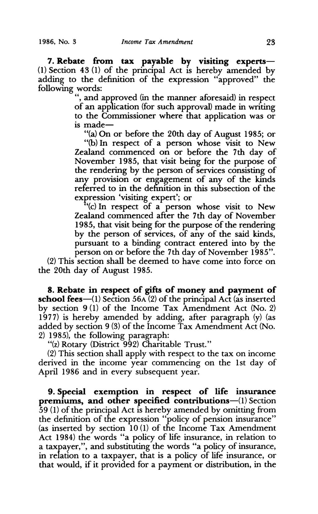 1986, No. 3 Income Tax Amendment 23 7.