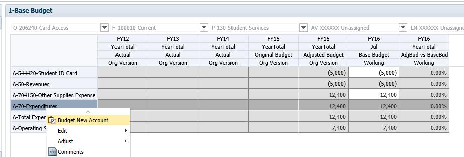 Budget New Account: Adding an Account Code to a Form Forms will only show those account codes that have been previously used.