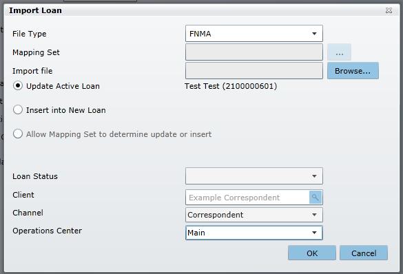 5 File type is FNMA, then click Update Active Loan. Select Browse to find the Fannie Mae Flat File (.FNM file or MISMO 3.2 file).