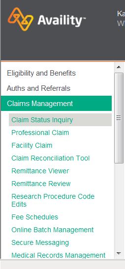select Claim Status Inquiry o Change the provider if not the