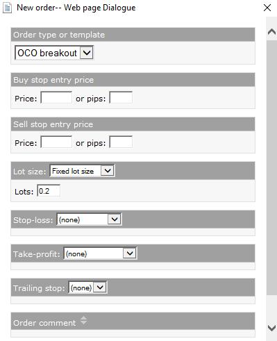 OCO (ONE-CANCELS-OTHER) ORDERS To place an OCO order, click on the green button located on the top right corner of the MT4+ Mini Terminal window. The New Order window will appear.